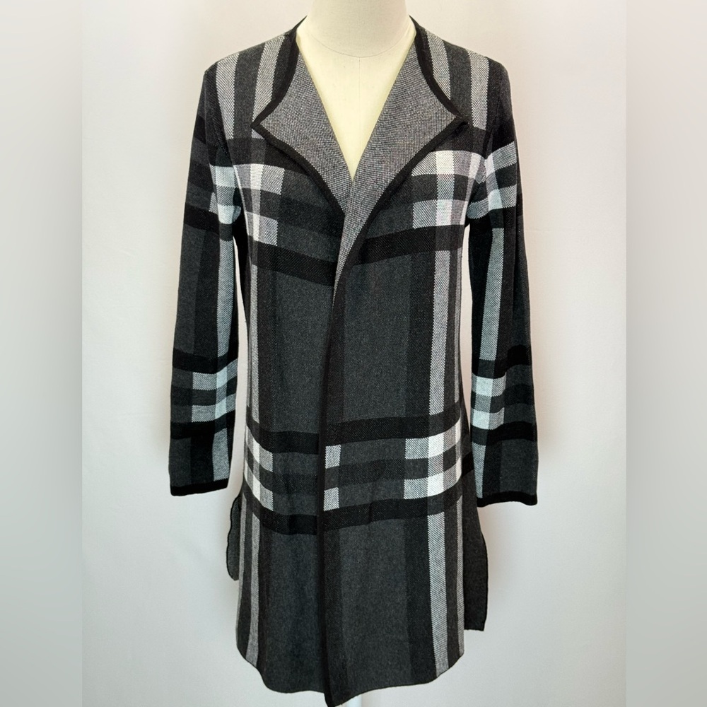 Anne Klein Long Plaid Cardigan Sweater Black White Womens Size Small